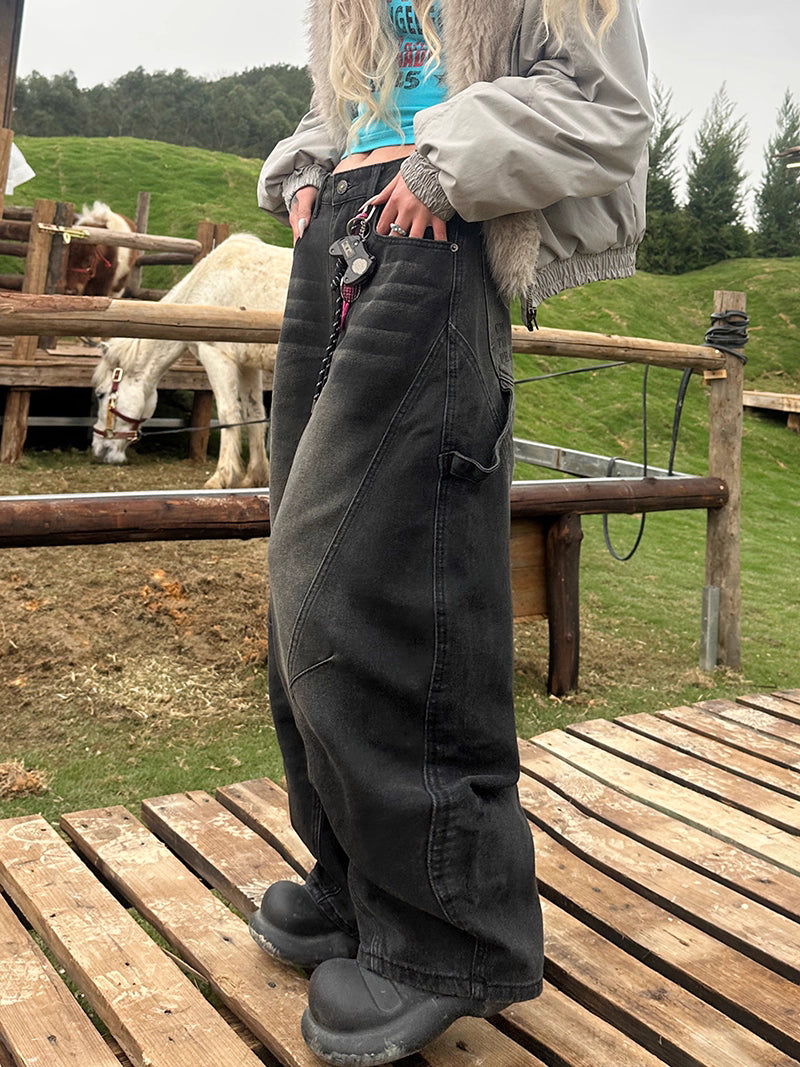 バック ロゴ デニムパンツ レディース ペインター ワイド デニム 韓国 ファッション ユーズド加工 ジーンズ