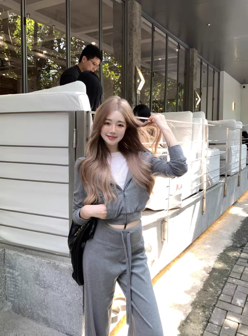 パーカー セットアップ レディース 韓国 ファッション タイト クロップド ジップパーカー スウェットパンツ 上下セット