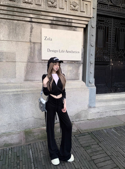 パーカー セットアップ レディース 韓国 ファッション スウェット ショートパーカー レギュラーフィット パンツ 上下セット