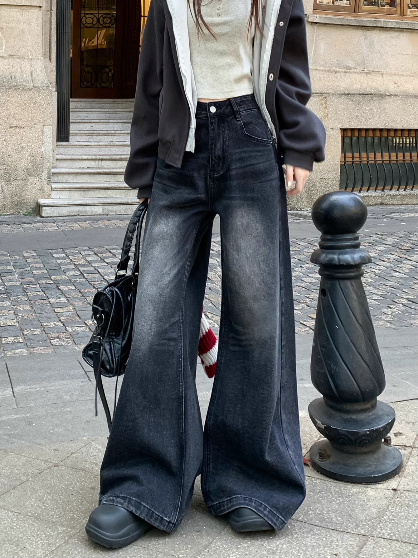 フレア ワイド ブラック デニムパンツ 韓国 ファッション レトロ ヴィンテージ加工 ブラック ジーンズ 秋冬  ゆったり 脚長シルエット