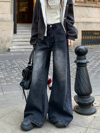フレア ワイド ブラック デニムパンツ 韓国 ファッション レトロ ヴィンテージ加工 ブラック ジーンズ 秋冬  ゆったり 脚長シルエット