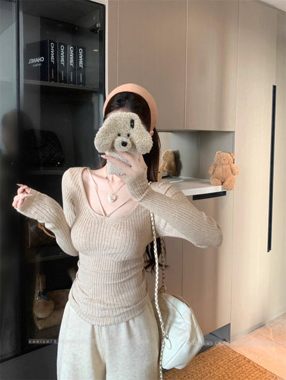 デコルテデザイン リブニット レディース 韓国 ファッション ストレッチ スリムフィット 長袖 ニットトップス