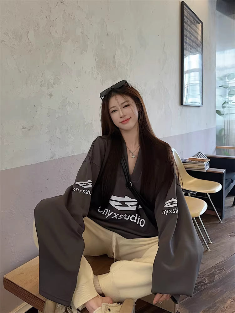 オーバーサイズ ロゴ ロンT シャツ 韓国 レディース アメリカン レトロ スポーティ ビッグシルエット トレーニングウェア