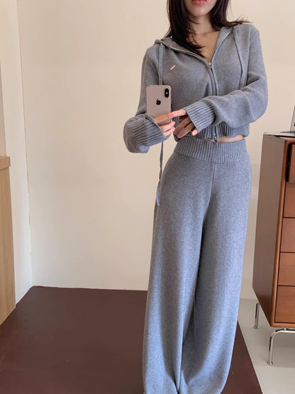 ニット セットアップ クロップド パーカー ワイドパンツ 韓国 ファッション 上下セット ショート丈 フード付きニット