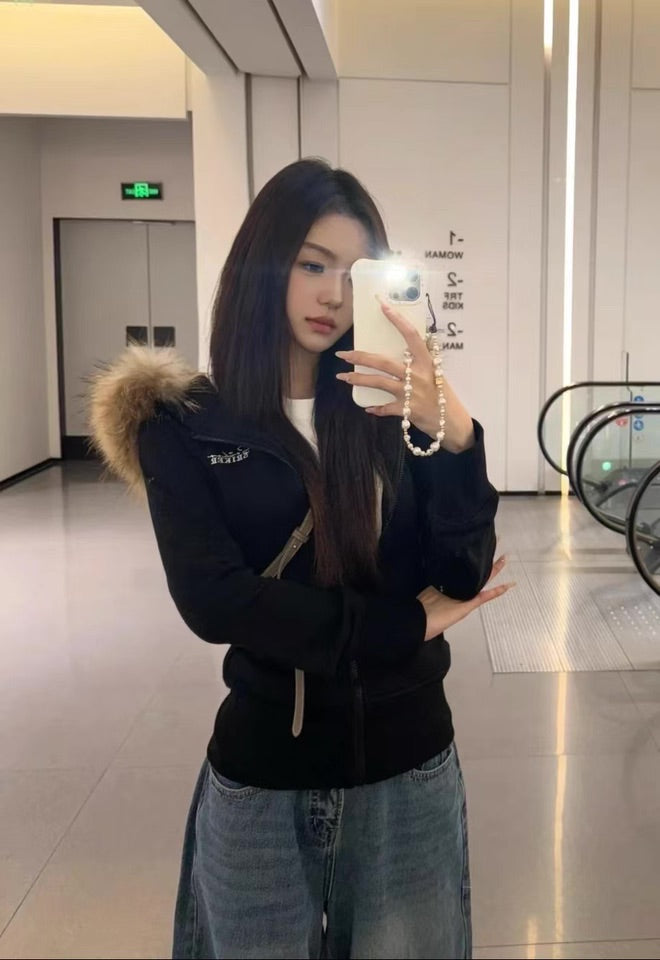 ファーフード ジップ パーカー レディース 韓国 ファッション タイト ストレッチ ロゴパーカー