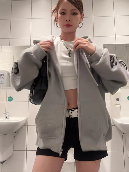 ワッフル ジップパーカー 韓国 ファッション レディース フードロゴ オーバーサイズ パーカー