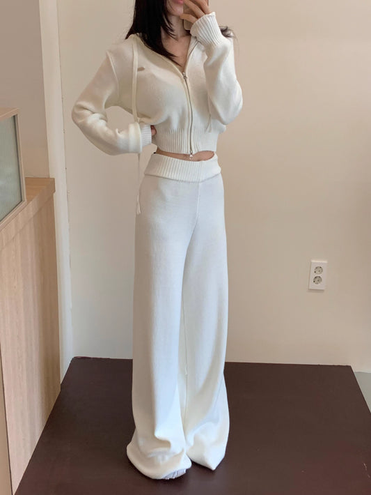 ニット セットアップ クロップド パーカー ワイドパンツ 韓国 ファッション 上下セット ショート丈 フード付きニット