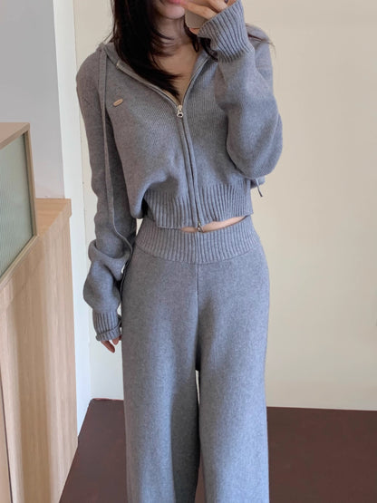ニット セットアップ クロップド パーカー ワイドパンツ 韓国 ファッション 上下セット ショート丈 フード付きニット