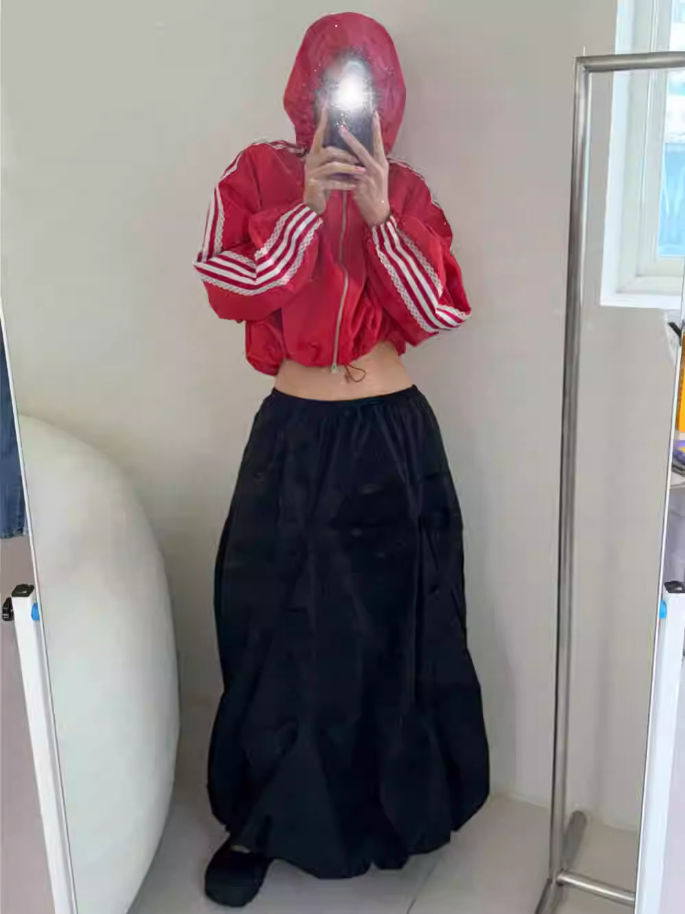 レース ライン ナイロンジャケット韓国 スポーティ ファッション フォード ショート丈 ドローコード 調整 ジャケット