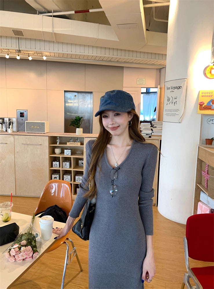 ニット ロングワンピース レディース 春 韓国 ファッション Uネック 細見え Aライン ロングワンピ