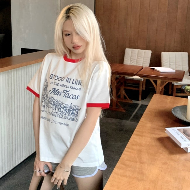 リンガー Ｔシャツ レディース 韓国 ファッション グラフィック tシャツ クルーネック バイカラー 半袖 メッセージＴ