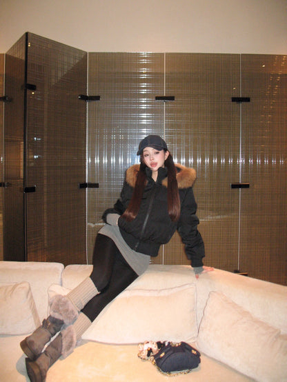 ファーフード ショート パフテック ジャケット 韓国 レトロ  中綿ジャケット 冬用 保温 ジップアップ クロップド丈