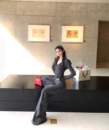 ボーダー ジップパーカー セットアップ レディース リラックス ストレッチ クロップド パーカー ワイドパンツ スウェット 上下セット