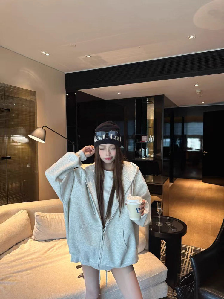 オーバーサイズ ジップ パーカー レディース 韓国  ファッション 定番 アメカジ ビッグシルエット フーディ 春