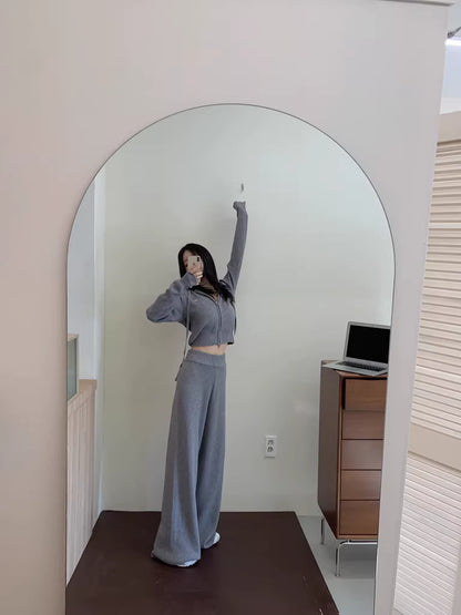 ニット セットアップ クロップド パーカー ワイドパンツ 韓国 ファッション 上下セット ショート丈 フード付きニット