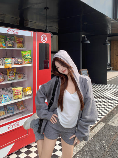 ニット パーカー セットアップ レディース ニット ショートパンツ 上下セット ゆったりフード付き カーディガン ＆ ニットショートパンツ 2点セット