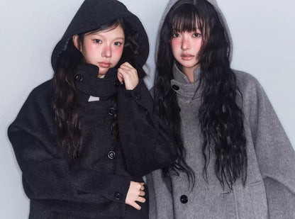 フード ショートコート ダブルボタン Pコート ゆったり オーバーサイズ アウター ブラック グレー