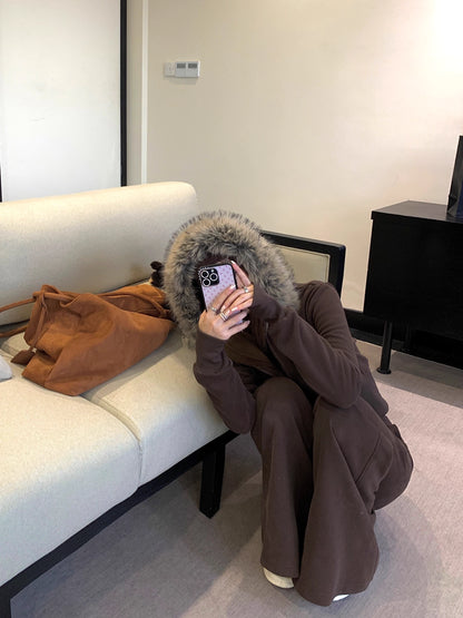 ファーフード ショート パーカー セットアップ レディース 韓国 ファッション ファー襟ジップスウェット×ワイドパンツ 上下セット