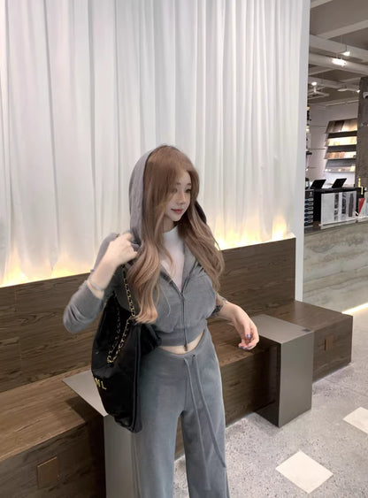 パーカー セットアップ レディース 韓国 ファッション タイト クロップド ジップパーカー スウェットパンツ 上下セット