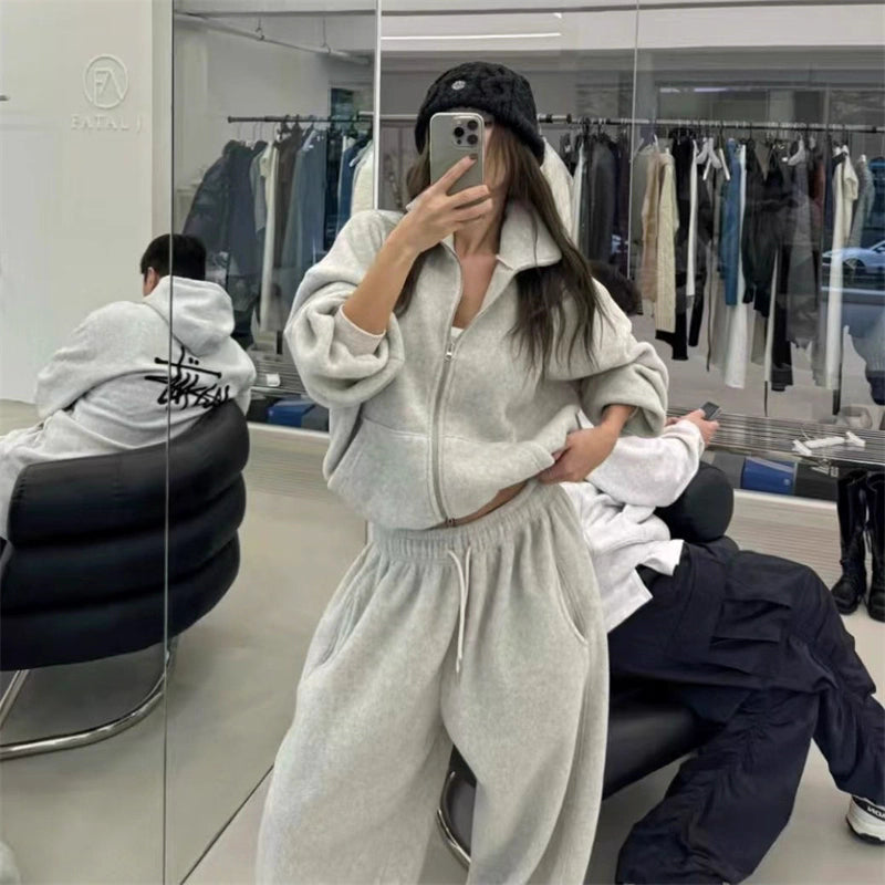フリース パーカー セットアップ レディース 韓国 ファッション 2025年冬 あったか 上下 ２点 セット スタンドカラー ショート丈 ジップパーカー ドロスト ワイドパンツ