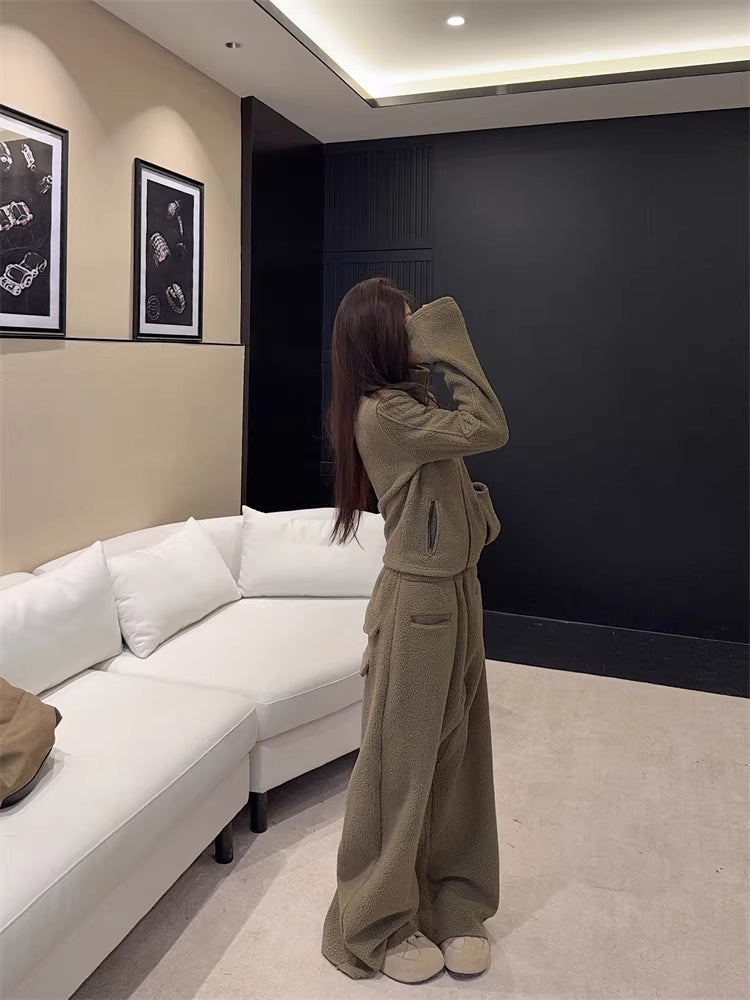 ボア セットアップ レディース 韓国 ファッション クロップド ショート ジャケット ワイドパンツ 上下セット