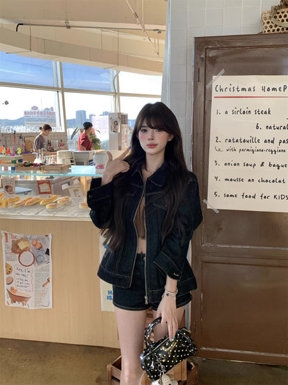 デニム セットアップ ショートパンツ レディース 韓国 ファッション レトロ デニム ジップジャケット デニム ショートパンツ 2点セット