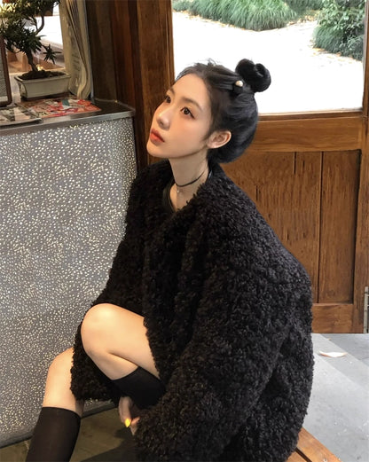 ノーカラー ボアジャケット ブラック 韓国 ファッション オーバーサイズ ボア ジップジャケット