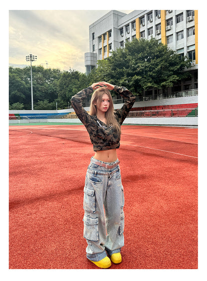 韓国 ファッション 迷彩 ファー フード ショート丈 ジップアップパーカー レディース ストリート Y2K