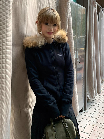 ファーフード ジップ パーカー レディース 韓国 ファッション タイト ストレッチ ロゴパーカー