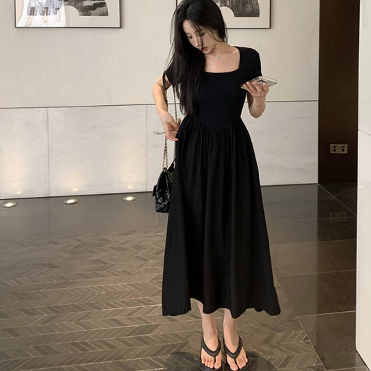 黒 ワンピース 韓国 ファッション レディース 夏 ロング ワンピ Aライン フレア 半袖 ロングワンピース