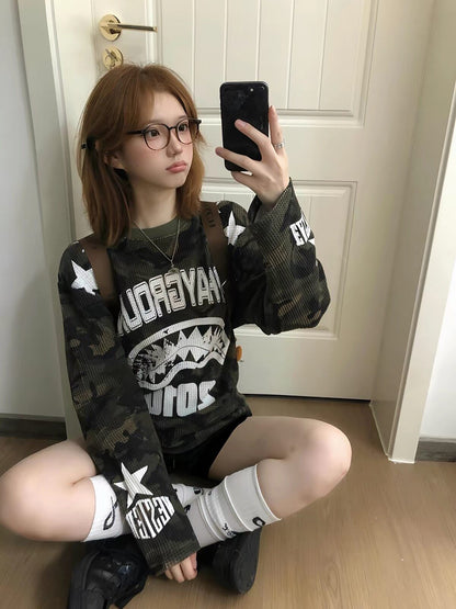 韓国ストリート 星柄 カモフラージュ柄 ワッフル ロングTシャツ レディース オーバーサイズ Y2K