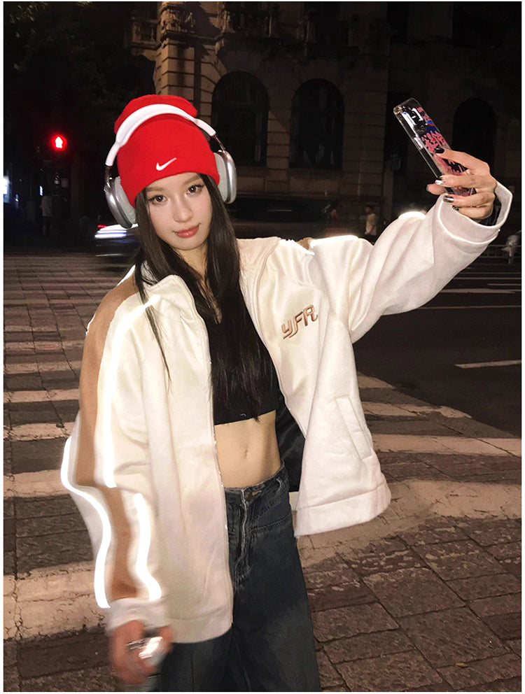 トラック ジャケット 春 ベロア調 ジャージ トップ 韓国 ファッション ストリート ラグランスリーブ オーバーサイズ ブルゾン