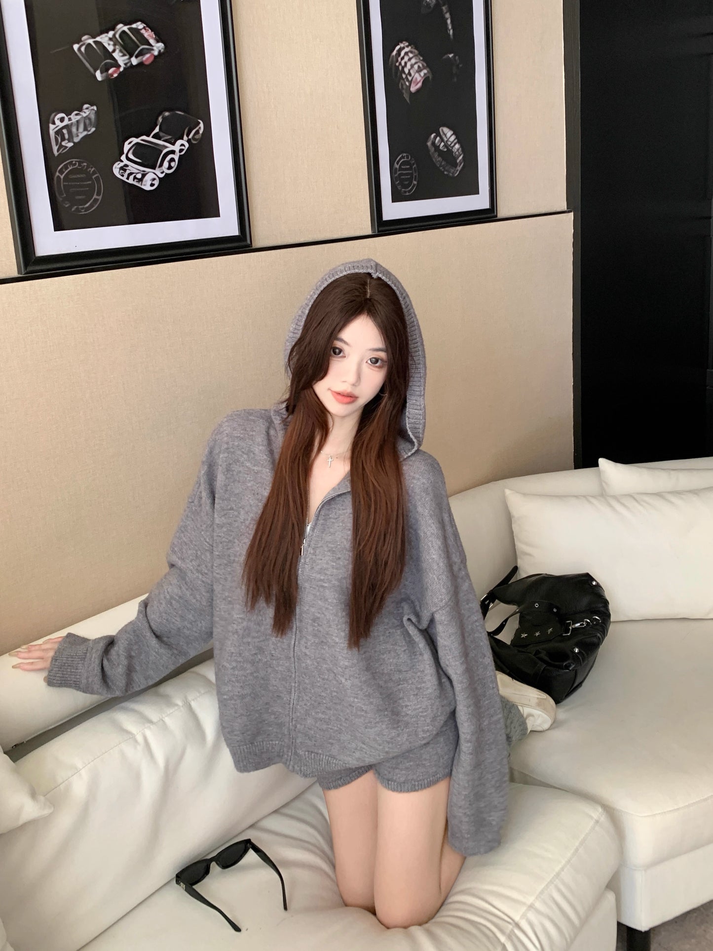 ニット パーカー セットアップ レディース ニット ショートパンツ 上下セット ゆったりフード付き カーディガン ＆ ニットショートパンツ 2点セット