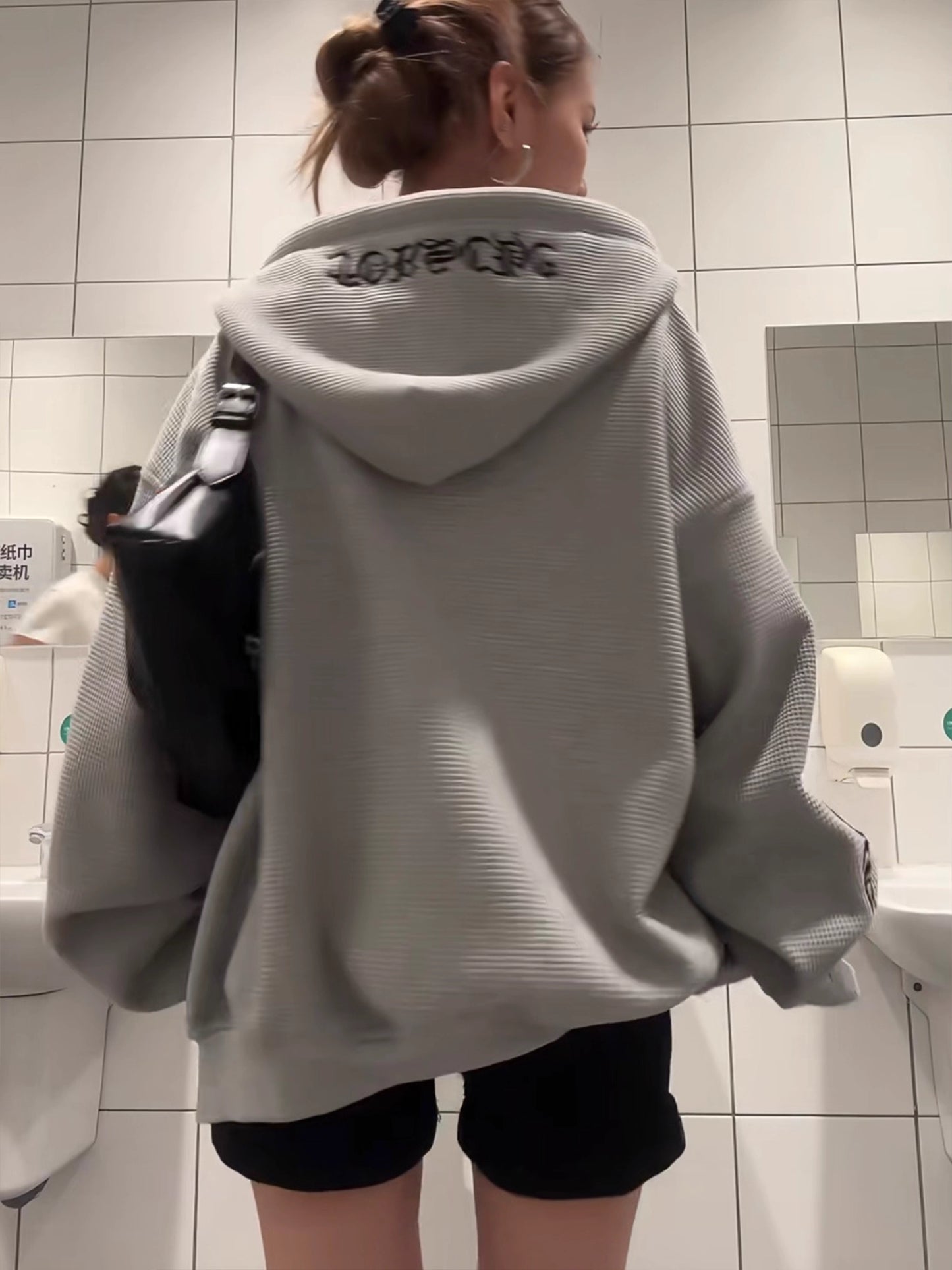 ワッフル ジップパーカー 韓国 ファッション レディース フードロゴ オーバーサイズ パーカー