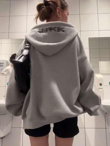ワッフル ジップパーカー 韓国 ファッション レディース フードロゴ オーバーサイズ パーカー