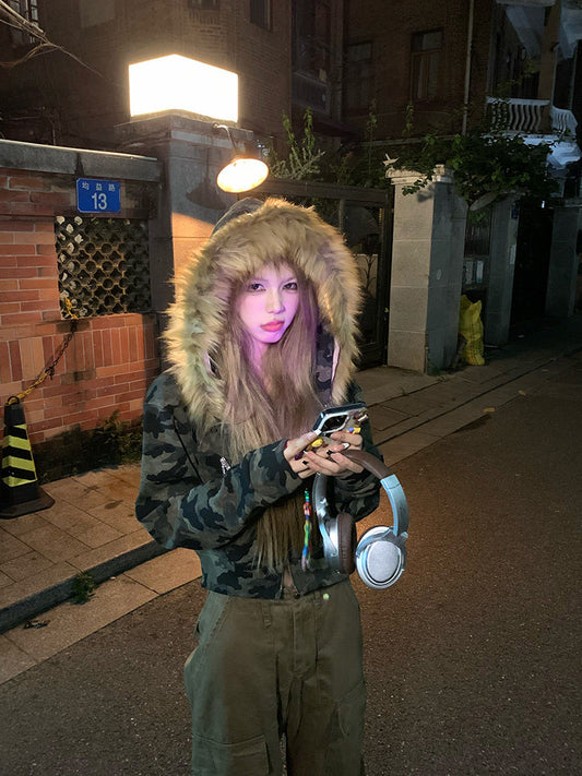 韓国 ファッション 迷彩 ファー フード ショート丈 ジップアップパーカー レディース ストリート Y2K