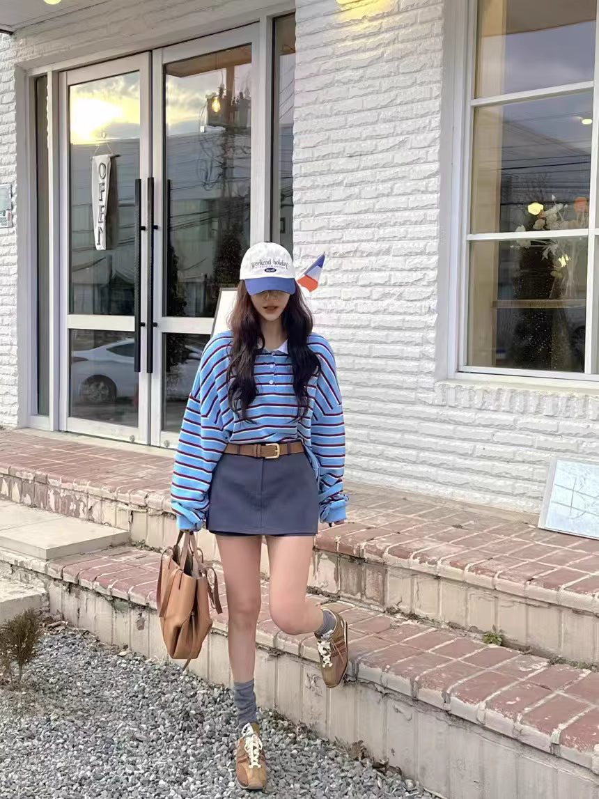 ポロシャツ ロングスリーブ ストライプ スウェット 韓国 ファッション レディース レトロ配色 ボーダー ゆったりカジュアル ストリートトップス