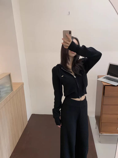 ニット セットアップ クロップド パーカー ワイドパンツ 韓国 ファッション 上下セット ショート丈 フード付きニット