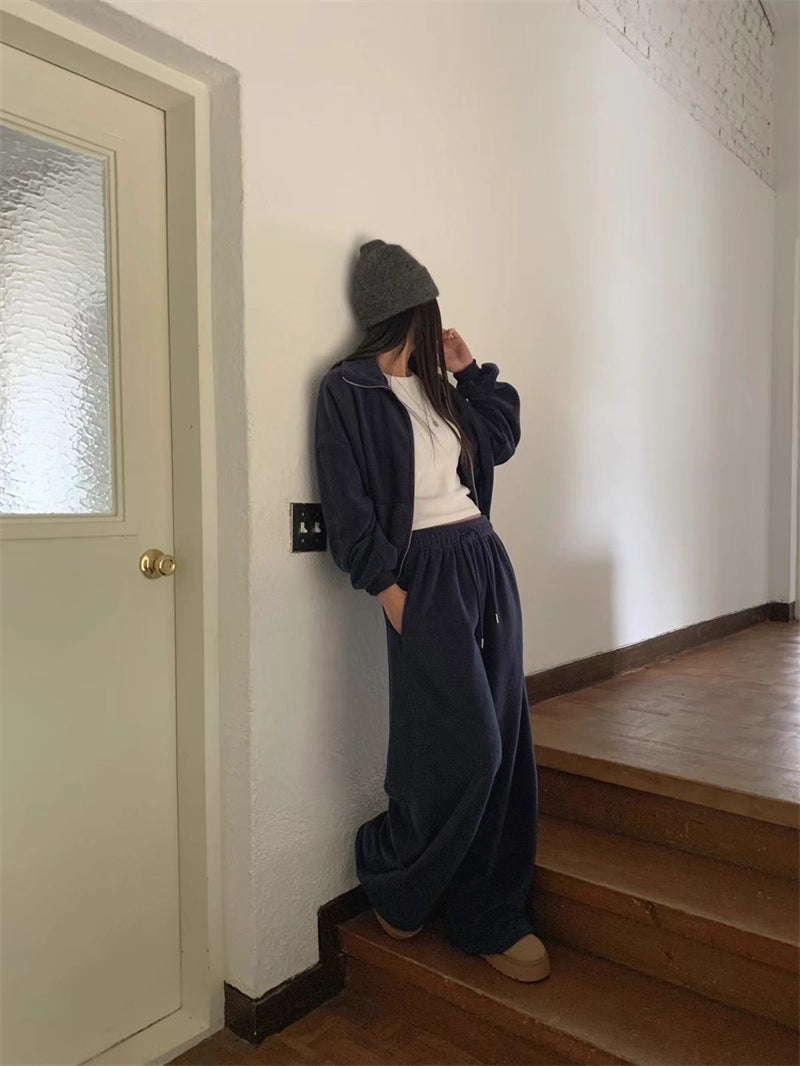 フリース パーカー セットアップ レディース 韓国 ファッション 2025年冬 あったか 上下 ２点 セット スタンドカラー ショート丈 ジップパーカー ドロスト ワイドパンツ