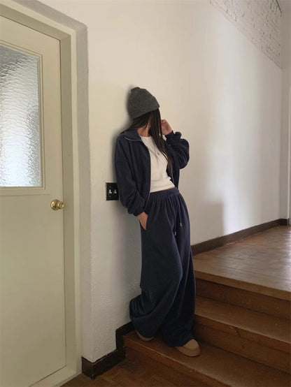 フリース パーカー セットアップ レディース 韓国 ファッション 2025年冬 あったか 上下 ２点 セット スタンドカラー ショート丈 ジップパーカー ドロスト ワイドパンツ