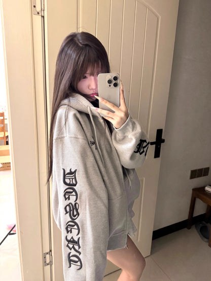 ロゴ ワッフル ジップ パーカー レディース 韓国 ファッション ハイストリート ゴシック ロゴ フード ジップアップパーカー レディース