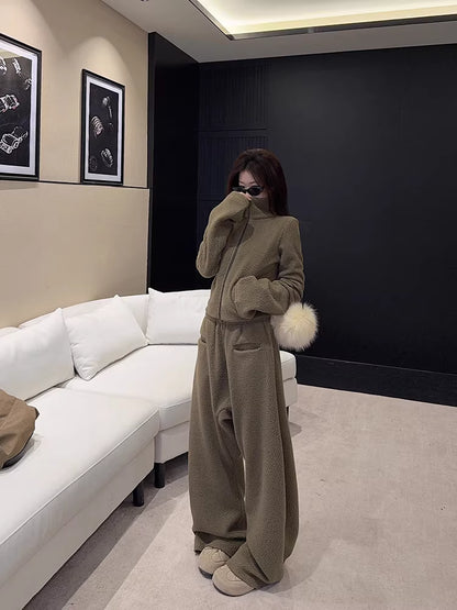 ボア セットアップ レディース 韓国 ファッション クロップド ショート ジャケット ワイドパンツ 上下セット