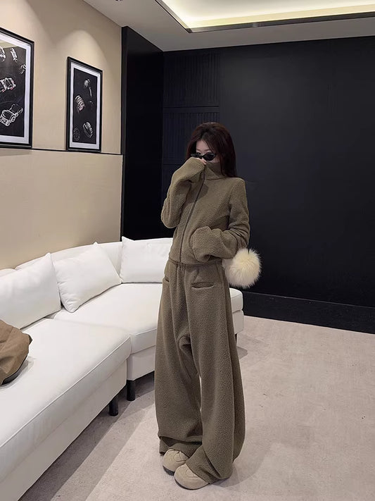 ボア セットアップ レディース 韓国 ファッション クロップド ショート ジャケット ワイドパンツ 上下セット