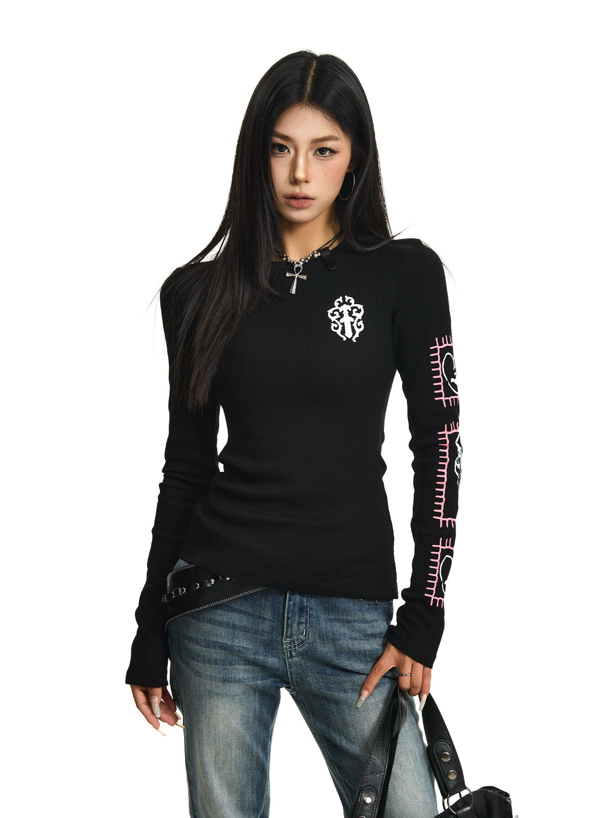 韓国ストリート ワッフル素材 クロスロゴ バックプリント ワッフル ロングTシャツ レディース Y2K ブラック ホワイト