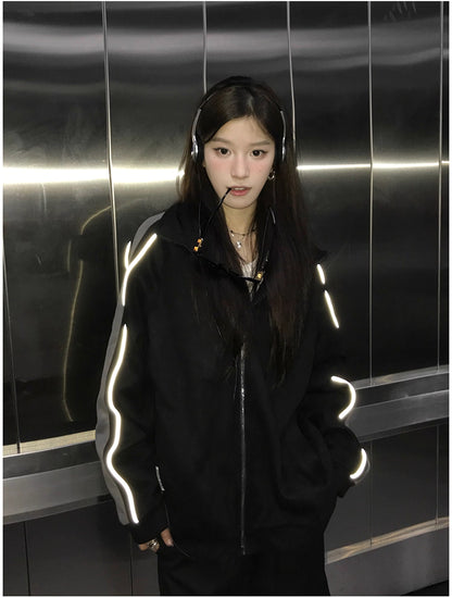 トラック ジャケット 春 ベロア調 ジャージ トップ 韓国 ファッション ストリート ラグランスリーブ オーバーサイズ ブルゾン