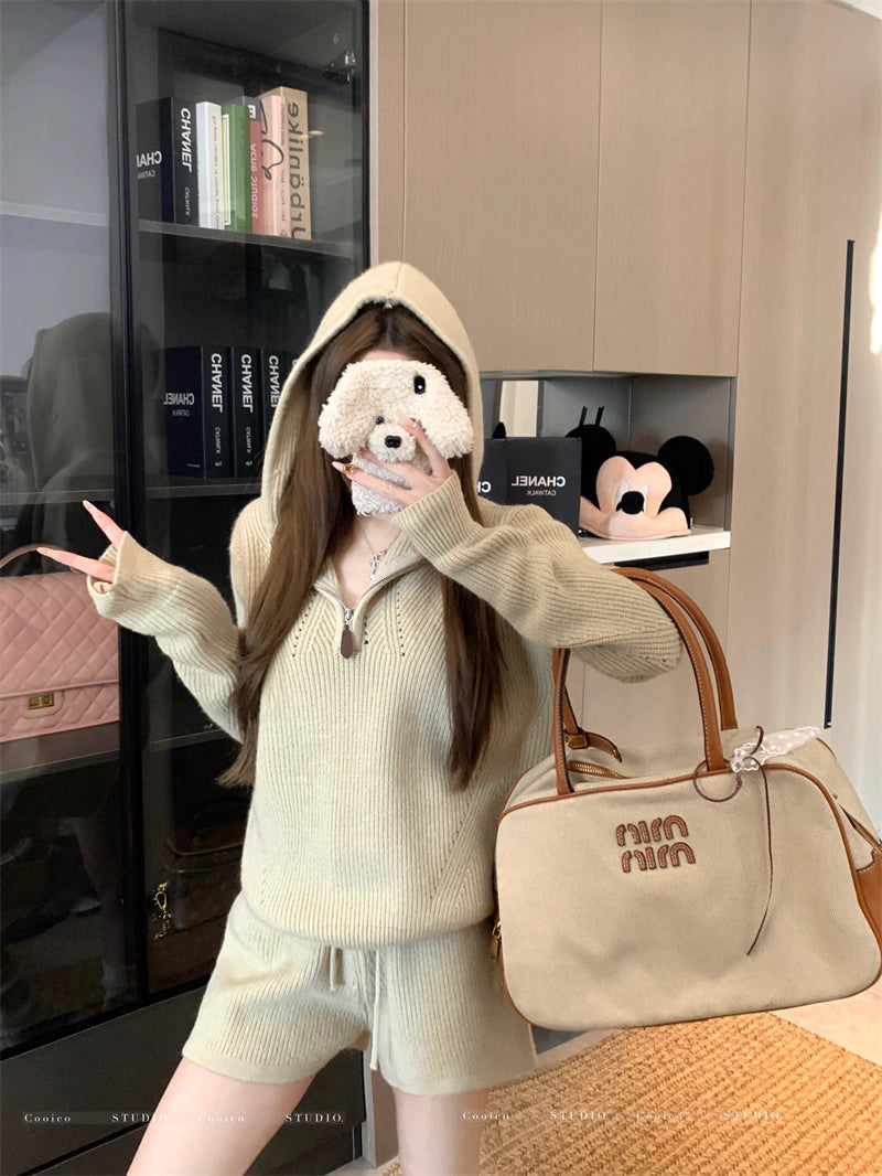 フード ニット セットアップ レディース 韓国 ファッション ニットパーカー ショートパンツ 上下セット