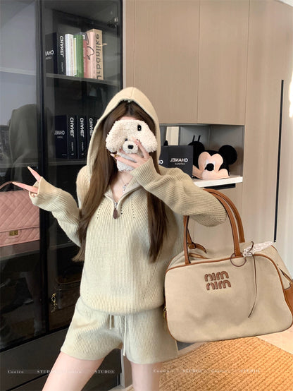 フード ニット セットアップ レディース 韓国 ファッション ニットパーカー ショートパンツ 上下セット