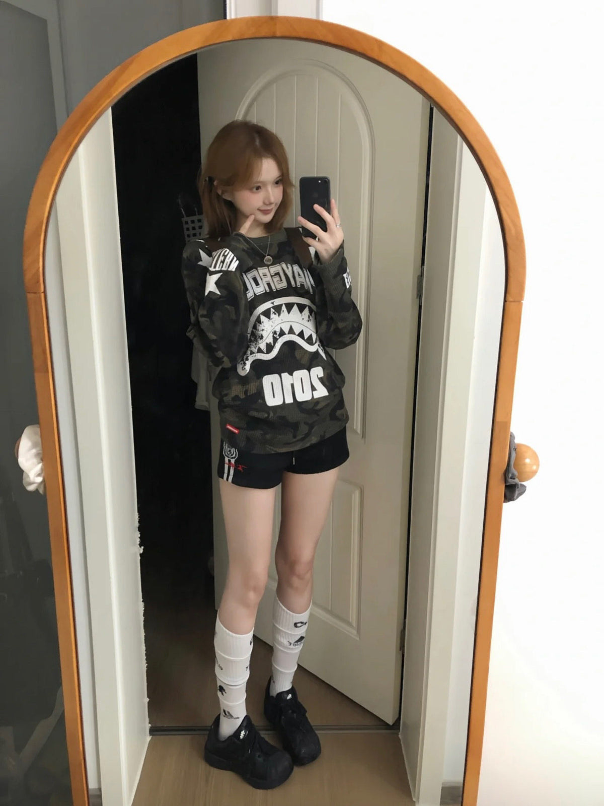 韓国ストリート 星柄 カモフラージュ柄 ワッフル ロングTシャツ レディース オーバーサイズ Y2K