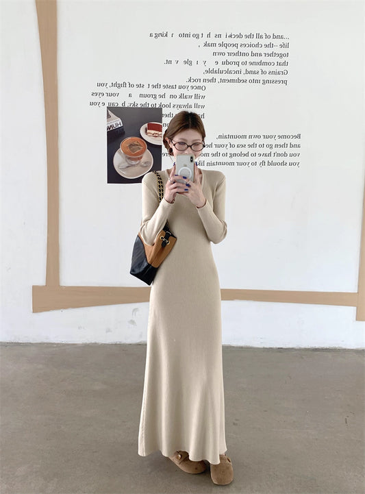 ニット ロングワンピース レディース 春 韓国 ファッション Uネック 細見え Aライン ロングワンピ