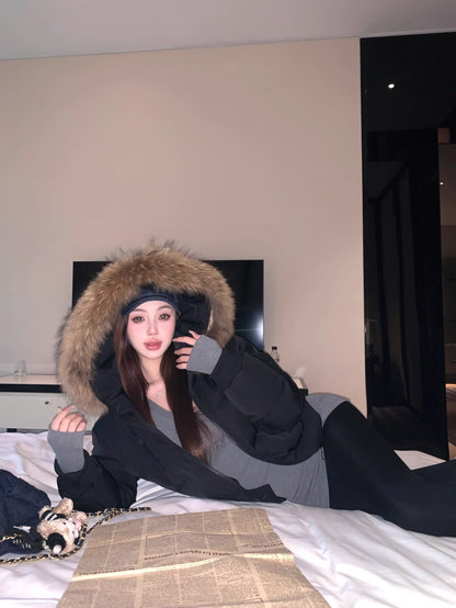 ファーフード ショート パフテック ジャケット 韓国 レトロ  中綿ジャケット 冬用 保温 ジップアップ クロップド丈